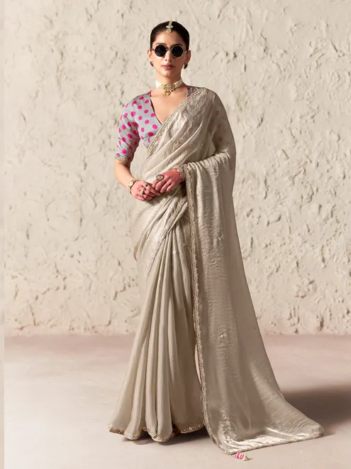 Lavish light grey festive organza saree
