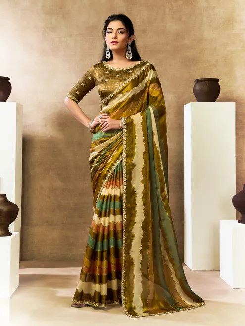 Lavish mehendi leheriya satin saree