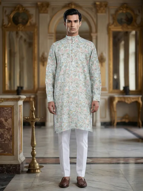 Leaf printed cotton sky blue kurta suit