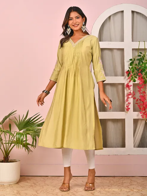 Lemon green cotton silk casual kurti