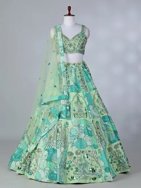 Lemon green raw silk sleeveless lehenga choli with dupatta