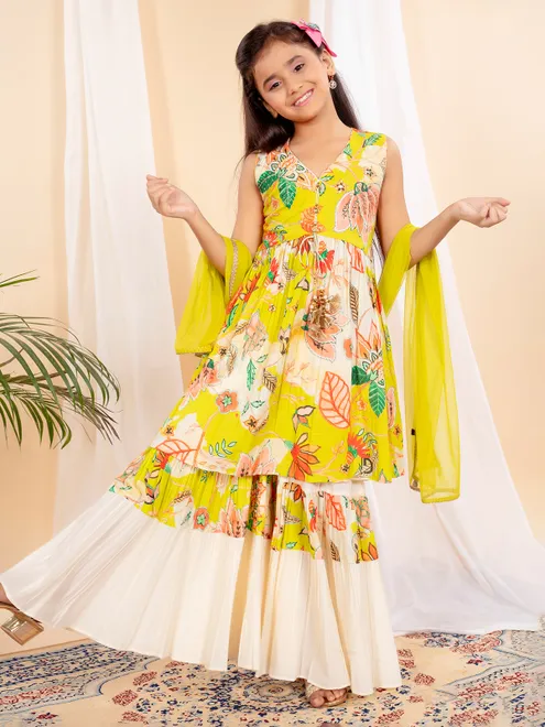 Lemon yellow silk floral printed palazzo suit with dupatta