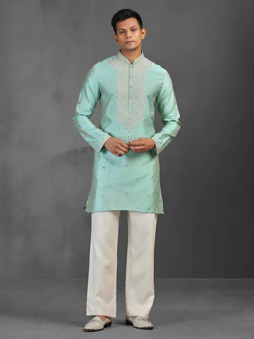 Light aqua art silk kurta suit for traditional celebration