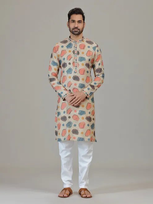 Light beige cotton linen geometric patterned kurta set