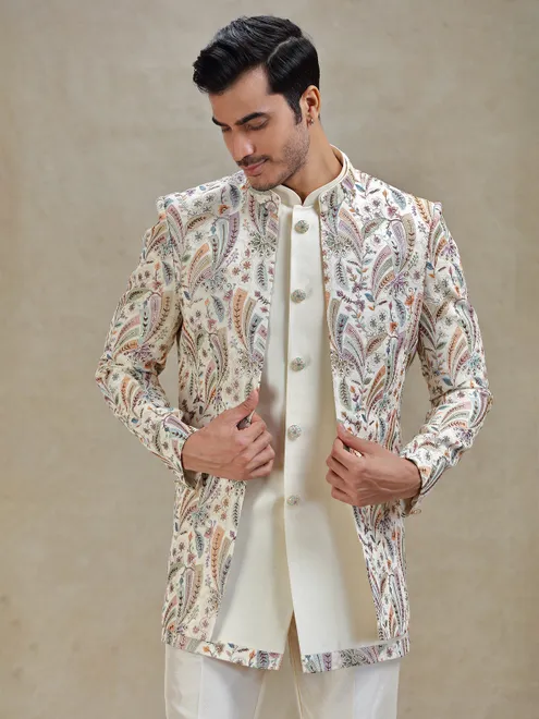 Light beige silk indo-western set in colourful embroidery