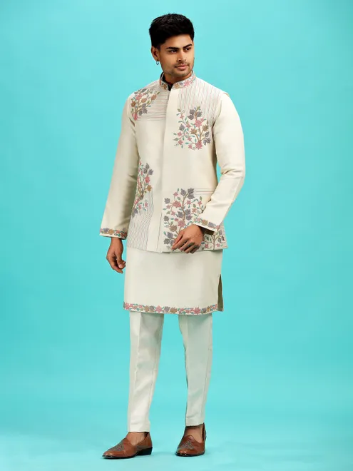 Light beige silk waistcoat set for reception wear