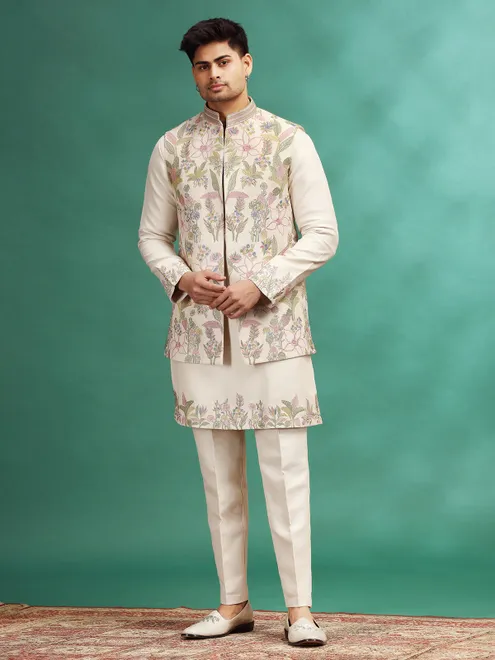 Light beige wedding wear silk waistcoat set for men