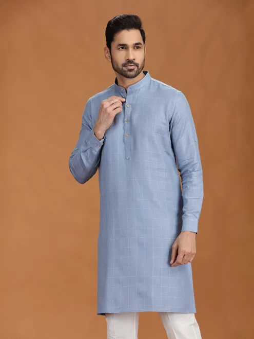 Light blue checked festive linen kurta