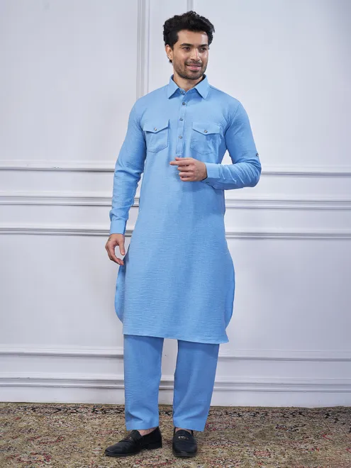 Light blue cotton plain pathani suit for men