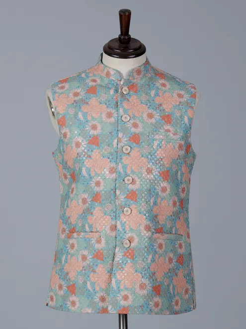 Light blue cotton silk waistcoat for festival wear