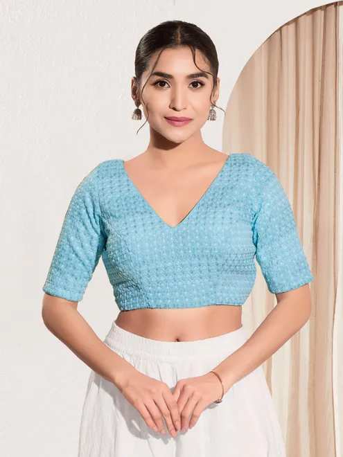 Light blue crochet v neck embroidered blouse