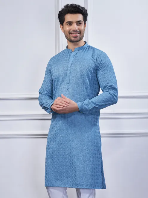 Light blue embroidery cotton kurta suit