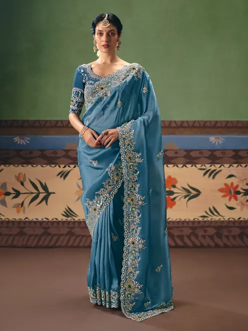 Light blue fancy silk wedding wear saree