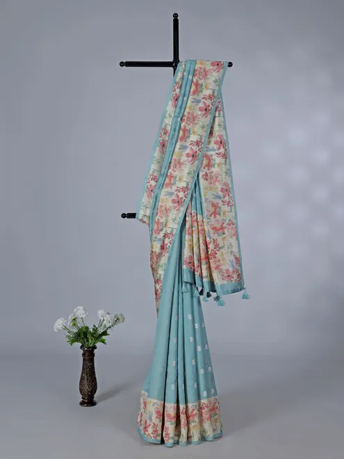 Light blue floral semi silk saree with resham work
