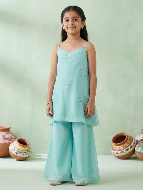 Light blue georgette palazzo suit with sequins detailing