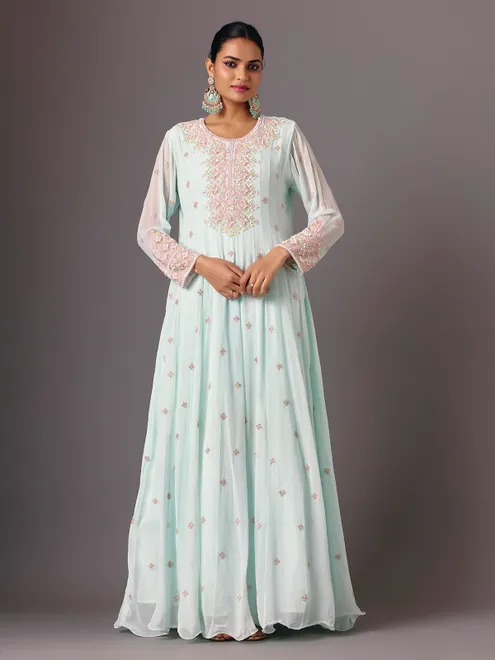 Light blue georgette round neck floor length suit for women
