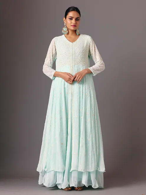 Light blue georgette v neck anarkali suit for festive wear