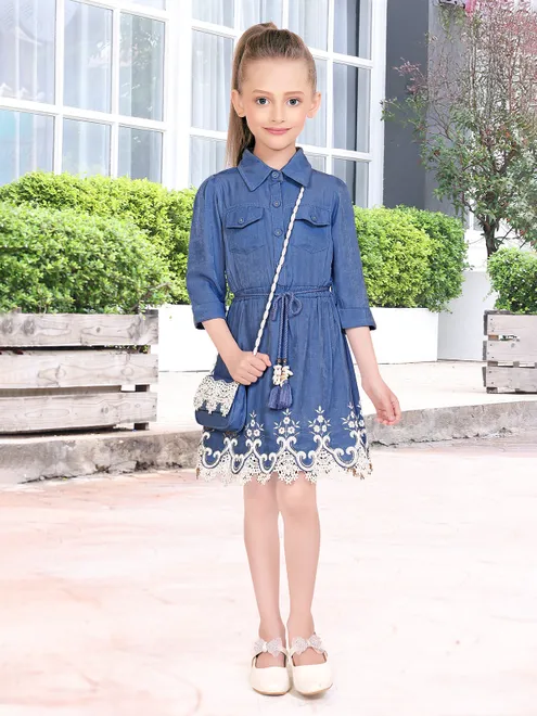 Light blue polyester cotton frock with embroidered detailing