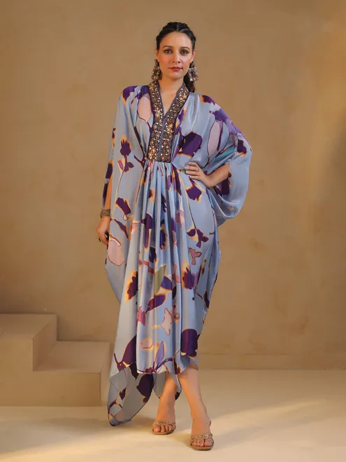 Light blue printed indowestern silk kurti with cutdana work