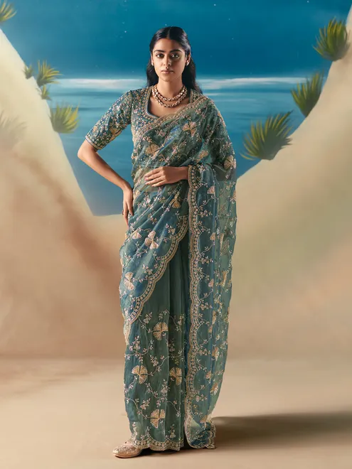 Light blue satin organza occasion wear saree