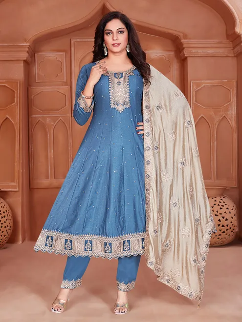 Light blue silk anarkali suit with contrast dupatta
