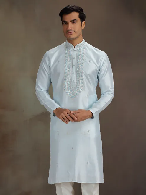 Light blue silk kurta suit with sequins weaving