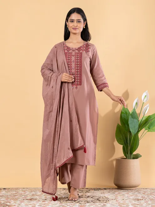 Light brown cotton silk embroidered kurti set with dupatta