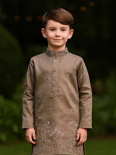 Light brown embroidered cotton silk kurta suit