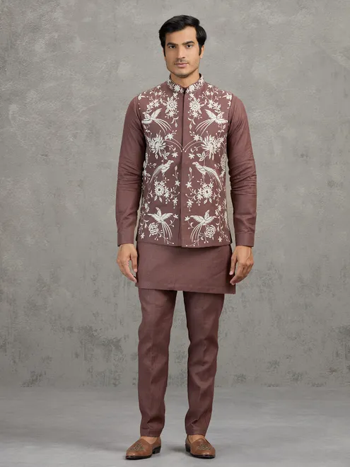 Light brown embroidered linen waistcoat set