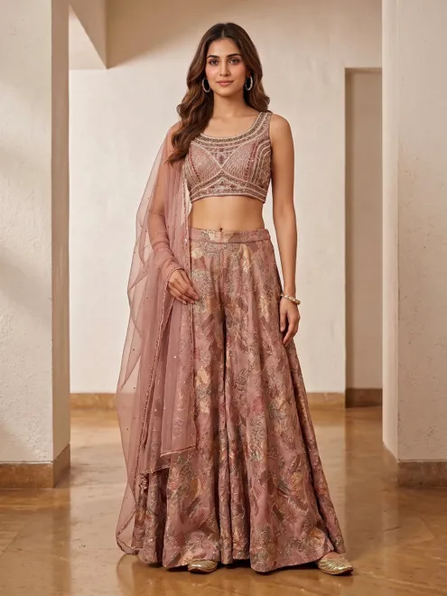 Light brown georgette printed indo western palazzo suit with
