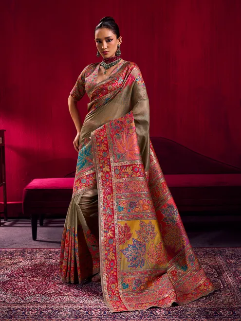 Light brown heritage weave festive saree elegance