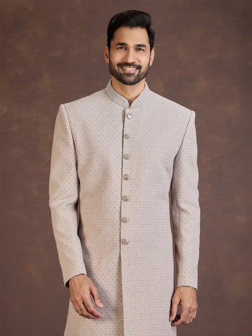 Light brown jacquard indo western set with stone work