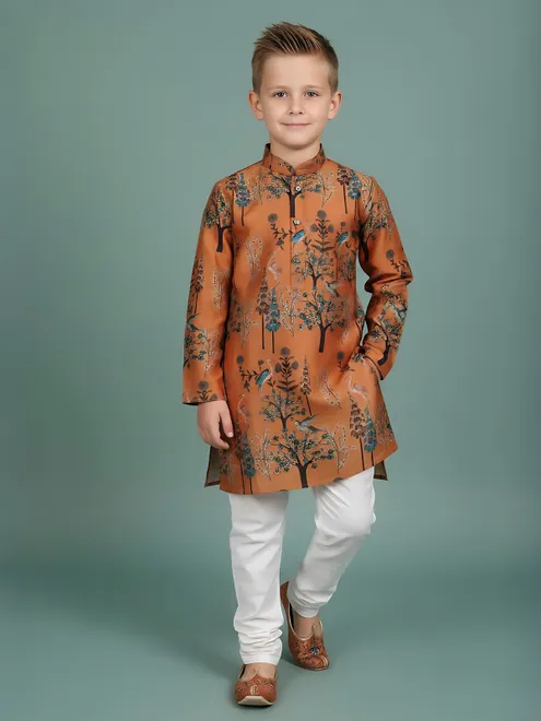 Light brown printed cotton kurta churidar suit