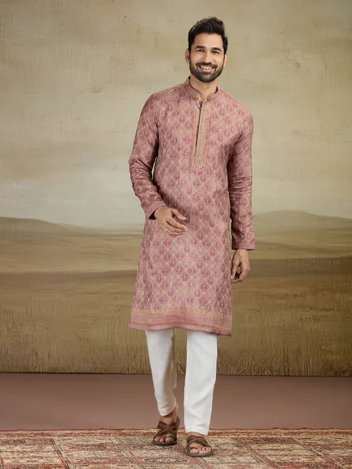Light brown printed kurta suit in viscose silk