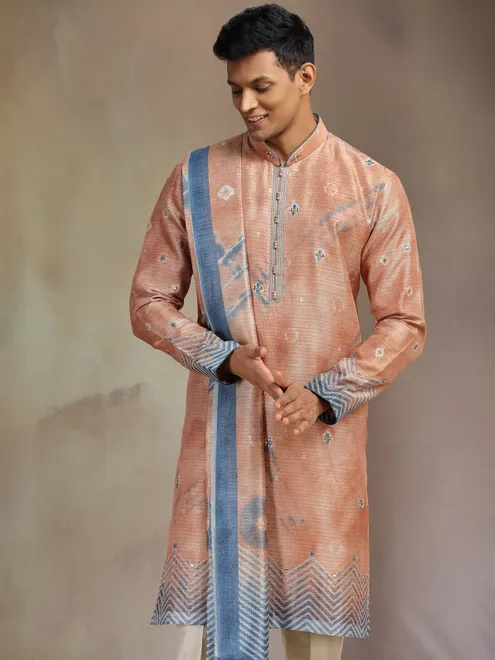 Light brown printed linen kurta suit with dupatta
