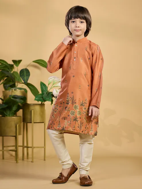 Light brown printed silk kurta suit for festival