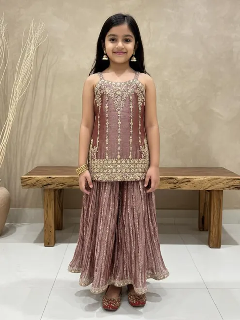 Light brown resham worked silk palazzo suit for girls