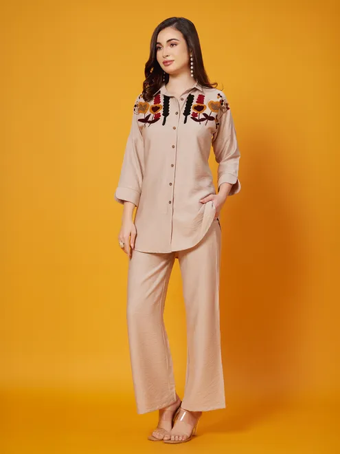 Light brown silk co-ord set with embroidery
