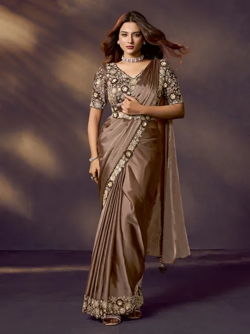 Light brown soft silk saree with diamond radiance