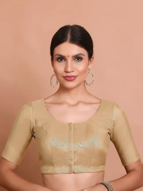 Light gold tissue silk round neck ready made blouse