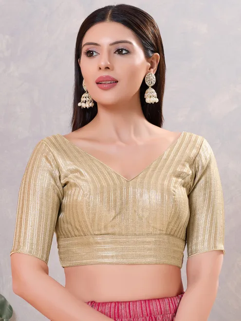 Light gold zari jacquard back open blouse