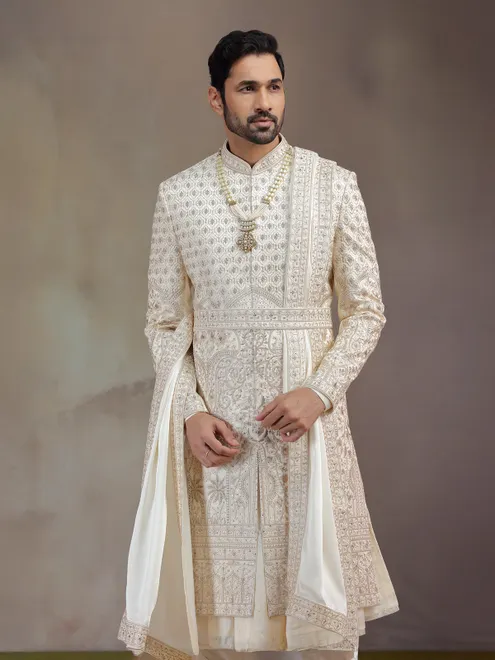 Light golden peshwa silk sherwani with dupatta