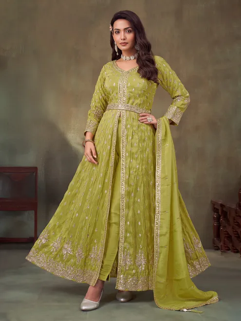 Light green anarkali suit in silk fabric