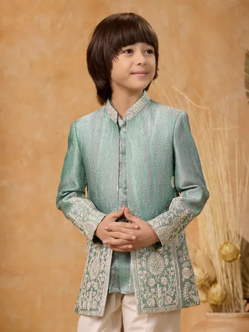 Light green and grey silk indo western set