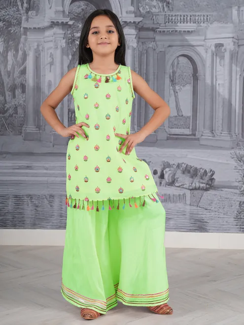 Light green cotton silk embellished palazzo suit