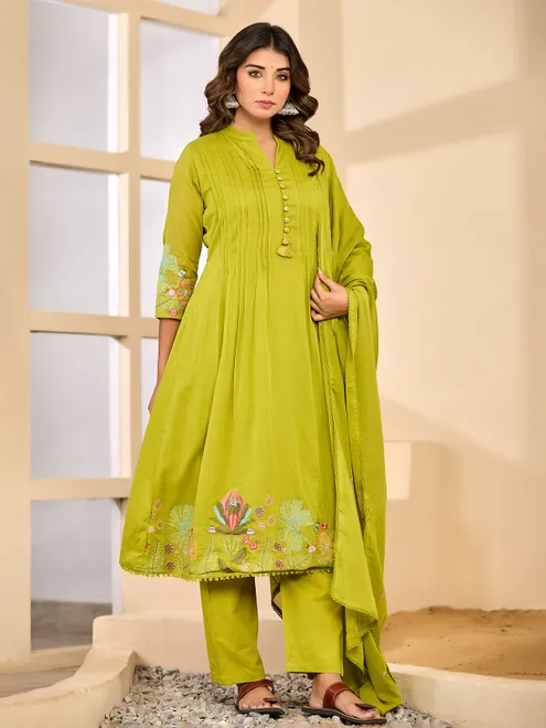 Light green festive silk embroidered kurti set