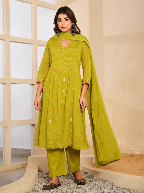 Light green festive wear cotton silk kurti set