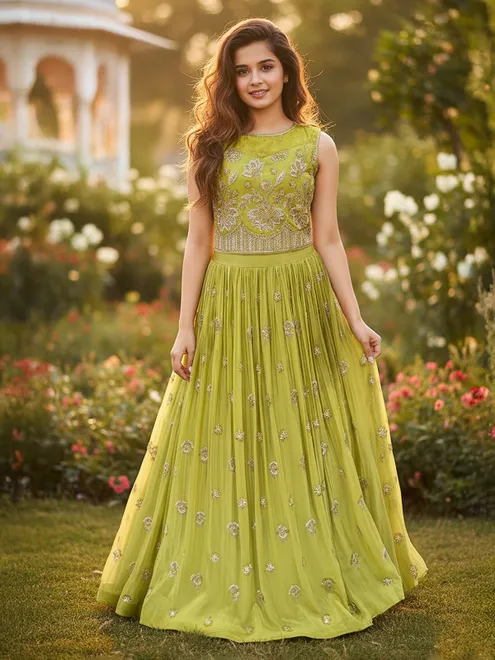 Light green georgette resham lehenga choli for wedding wear
