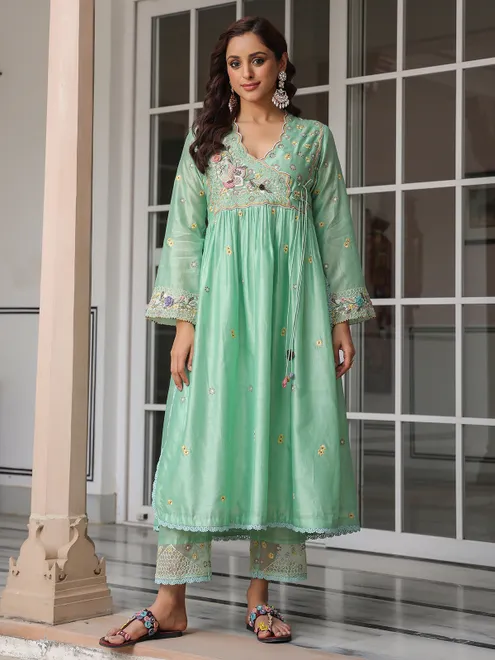 Light green kurti set for women in chanderi silk