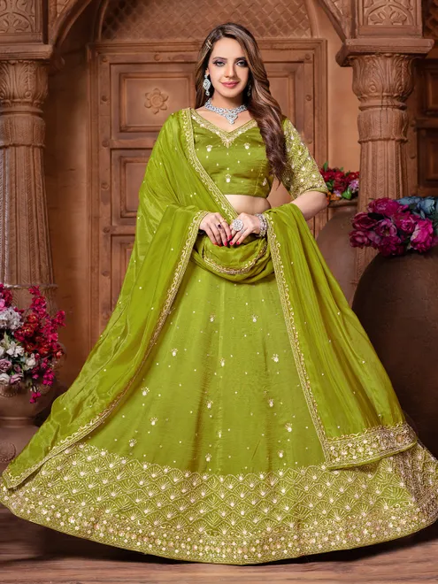Light green raw silk lehenga choli for wedding wear